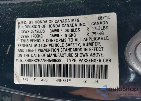 2015 Honda Civic Se from USA, damaged, VIN 2HGFB2F77FH549639